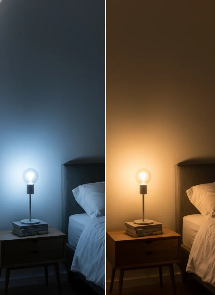 Side-by-side comparison of the same small bedroom lamp lit with two different bulbs: on the left, a 4000K cool daylight bulb casting a blue-white clinical light that makes the room feel cold and stark. On the right, a 2700K warm white bulb casting a honey-amber glow that makes the room feel warm, spacious, and inviting. Same lamp, same room, completely different atmosphere. Editorial interior photography comparison.