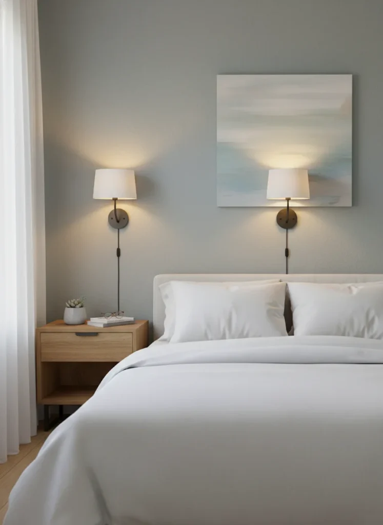 A small bedroom with two plug-in wall sconces mounted symmetrically on the wall on either side of the headboard at reading height, approximately 60 inches from the floor. The sconces have simple white linen shades that cast warm downward light onto the bed. The nightstands on either side are completely clear of lamps, creating open surface space. The sconces look clean, intentional, and space-efficient. Editorial interior photography.