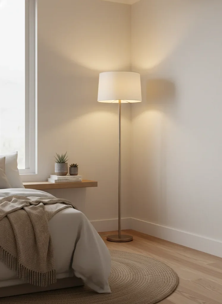 A small bedroom corner that previously felt dark and closed-in, now with a tall slim floor lamp placed directly in the corner. The lamp is approximately 60-65 inches tall with a small drum shade at the top. It is turned on, casting warm light upward toward the ceiling and outward into the corner. The previously dead corner now feels like an illuminated zone within the room. The room feels bigger and more complete. Editorial interior photography.