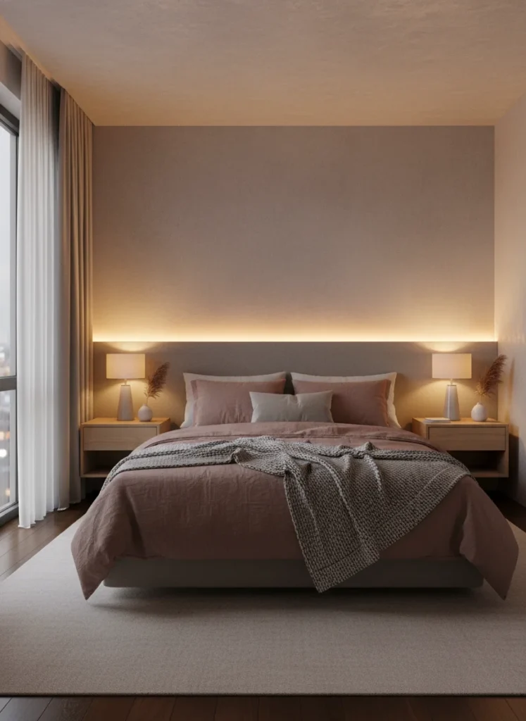 A small bedroom at night with warm LED strip lights installed along the back of the headboard, between the headboard and the wall. The strips are not directly visible but cast a warm ambient backlight that glows softly outward from behind the headboard and upward toward the ceiling. The headboard appears to float against the wall. The room has depth and dimension it did not have before. Moody, beautiful, editorial interior photography.