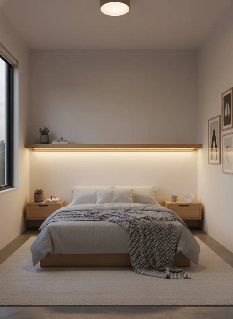 A small bedroom showing the underside of a floating wall shelf with warm LED strip lights installed along the back edge of the shelf's underside. The strips are not visible but cast a warm pool of light downward onto the surface below, creating a floating shelf effect. The furniture below appears to float. The room gains a layer of warm ambient light at mid-level that fills the space between the ceiling light and the floor. Editorial interior photography.