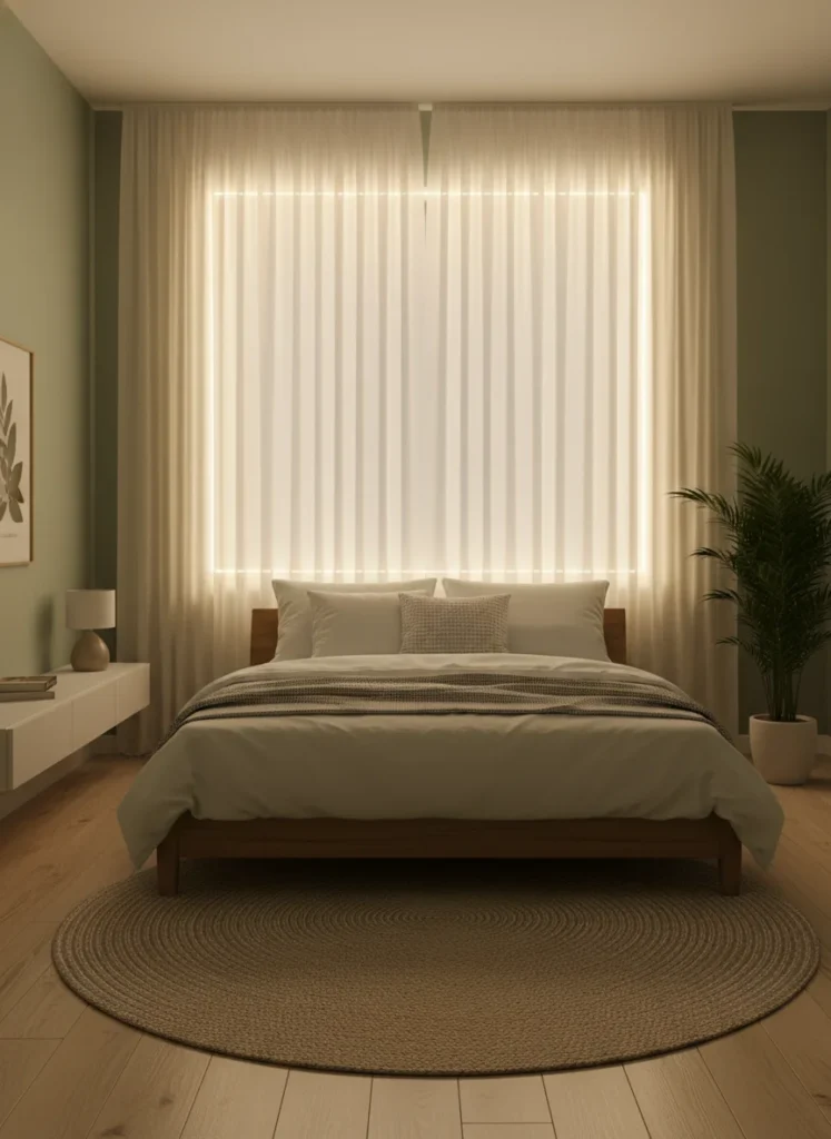 A small bedroom with curtains hung at ceiling height and extending several inches past the window frame on both sides, making the window appear much larger than it actually is. Behind the curtain panels, warm LED strip lights are installed along the window frame, glowing through the sheer fabric and creating the illusion that the window has natural light behind it even at night. The effect is magical and room-expanding. Editorial interior photography.