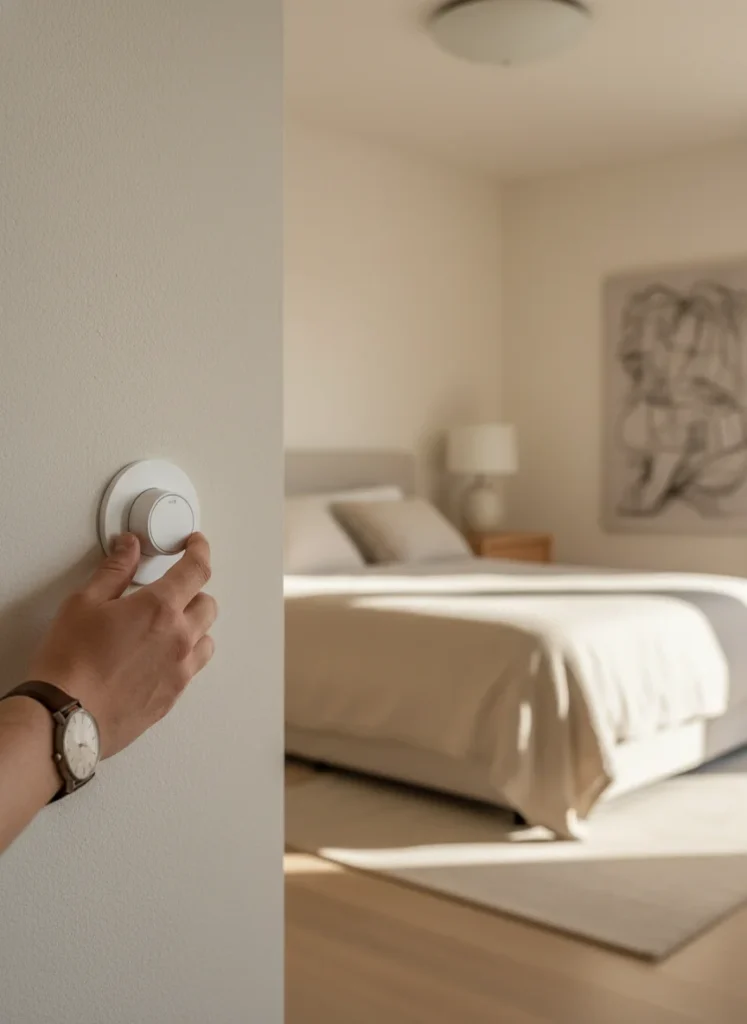 A hand adjusting a simple white rotary dimmer switch on a bedroom wall. The room in the background shows warm lighting at a medium-low intensity, creating an intimate and spacious atmosphere. The dimmer gives the room owner complete control over the room's mood. The switch is simple and clean. Editorial interior photography.