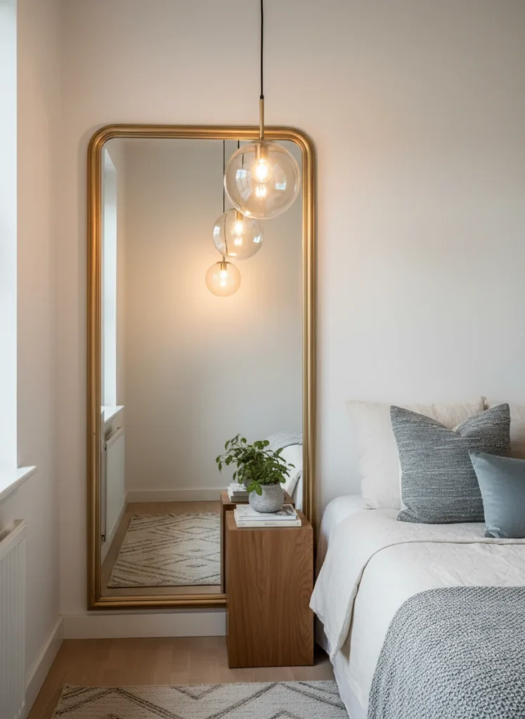 A small bedroom with a large oval or rectangular mirror mounted on the wall directly opposite the main lamp source, not opposite a window. The mirror reflects the warm lamplight back into the room, doubling the apparent luminosity and creating depth behind its reflective surface. The room appears significantly larger and brighter than it would without the mirror. The mirror frames the lamp reflection beautifully. Editorial interior photography.