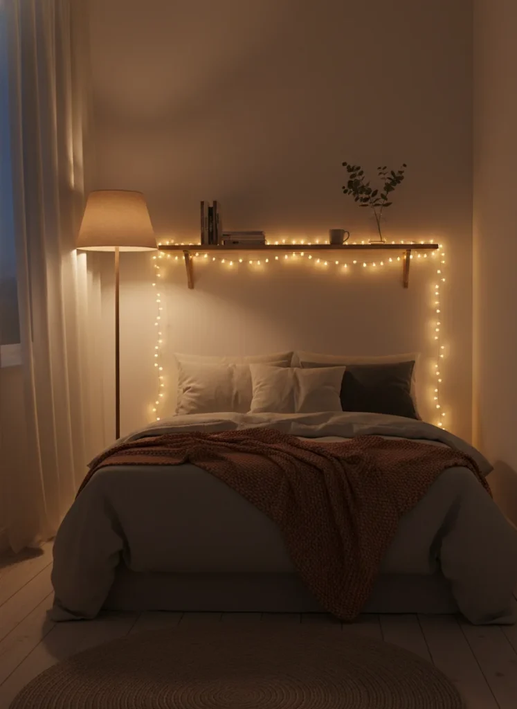 A small bedroom with warm fairy lights draped around the perimeter of a floating shelf above the bed, creating a defined reading and relaxation zone. The fairy lights are warm white, very small, and barely visible as individual bulbs. The overall effect is a soft warm glow that defines the headboard zone of the bed as a distinct area within the room. Cozy, romantic, intentional. Editorial interior photography, evening atmosphere.
