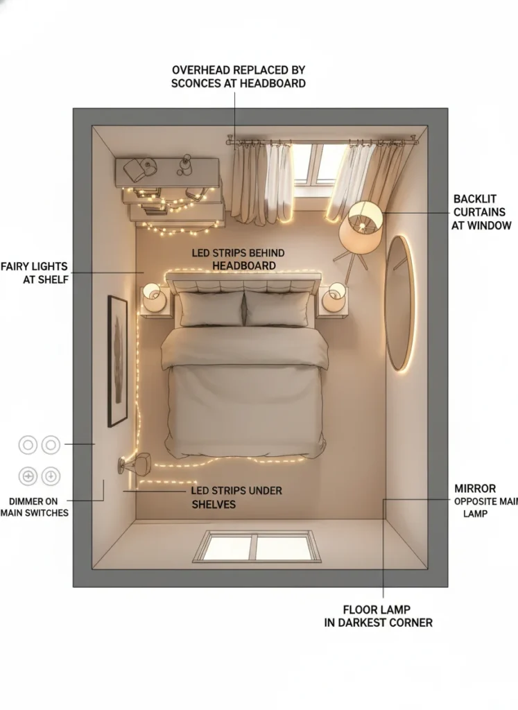 A diagram-style editorial illustration of a small bedroom floor plan with arrows and labels showing the ideal placement of all 9 lighting types: overhead replaced by sconces at headboard, floor lamp in darkest corner, LED strips behind headboard and under shelves, backlit curtains at window, mirror opposite main lamp, fairy lights at shelf, dimmer on main switches. Warm amber color scheme. Clean graphic with real bedroom styling. Educational interior design content.