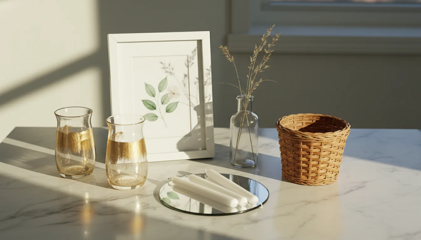 A flat lay of Dollar Tree bedroom decor items that have been styled to look expensive: glass candle holders with gold spray paint, a simple white frame with a printed botanical art piece inside, a clear glass bud vase with dried grass stems, a small wicker basket, white taper candles on a small mirrored tray. All styled on a marble-look surface with warm natural light. Editorial product photography that looks high-end.