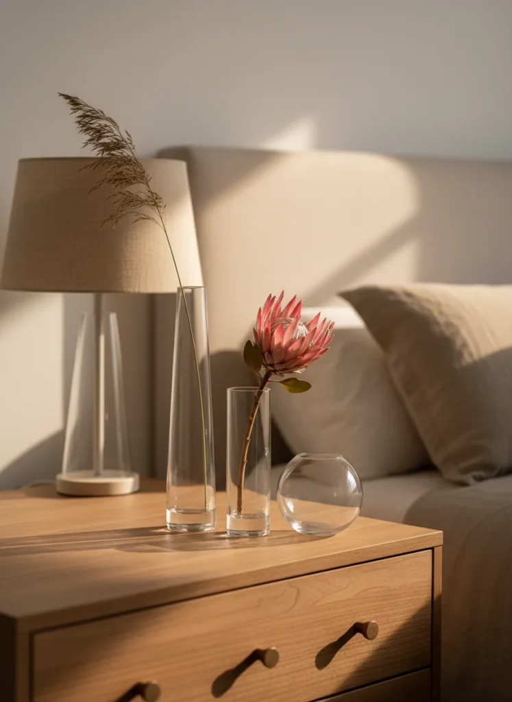  Three clear glass bud vases of slightly different heights grouped together on a bedroom dresser. One holds a single dried grass stem, one holds a dried pink flower, one is empty. All three are simple clear glass. The grouping reads as intentional and designer-level. Warm light from a nearby lamp. Neutral bedroom background. Editorial interior photography, dresser vignette.