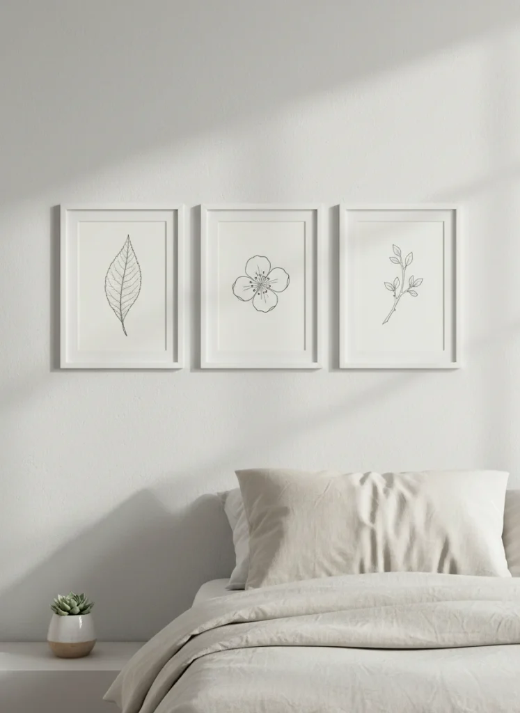 A bedroom wall with three matching white frames from Dollar Tree arranged in a simple vertical or horizontal grouping. Inside each frame is a printed botanical illustration downloaded free from a public domain source: a single leaf, a simple flower, a branch. The black-line botanical prints on cream paper inside white frames look like boutique gallery art. Bedroom wall styling, natural light. Editorial interior photography.