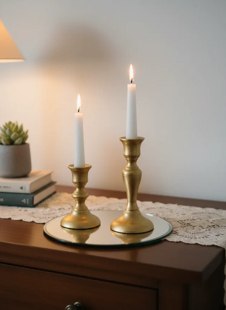 Two glass candle holders from Dollar Tree that have been spray painted in a matte gold finish. They sit on a small mirrored tray on a bedroom dresser with white taper candles inside them. The gold finish looks like genuine metallic ceramic from a boutique. Warm lamp light in the background. The styling reads as high-end. Editorial interior photography, dresser vignette close-up.