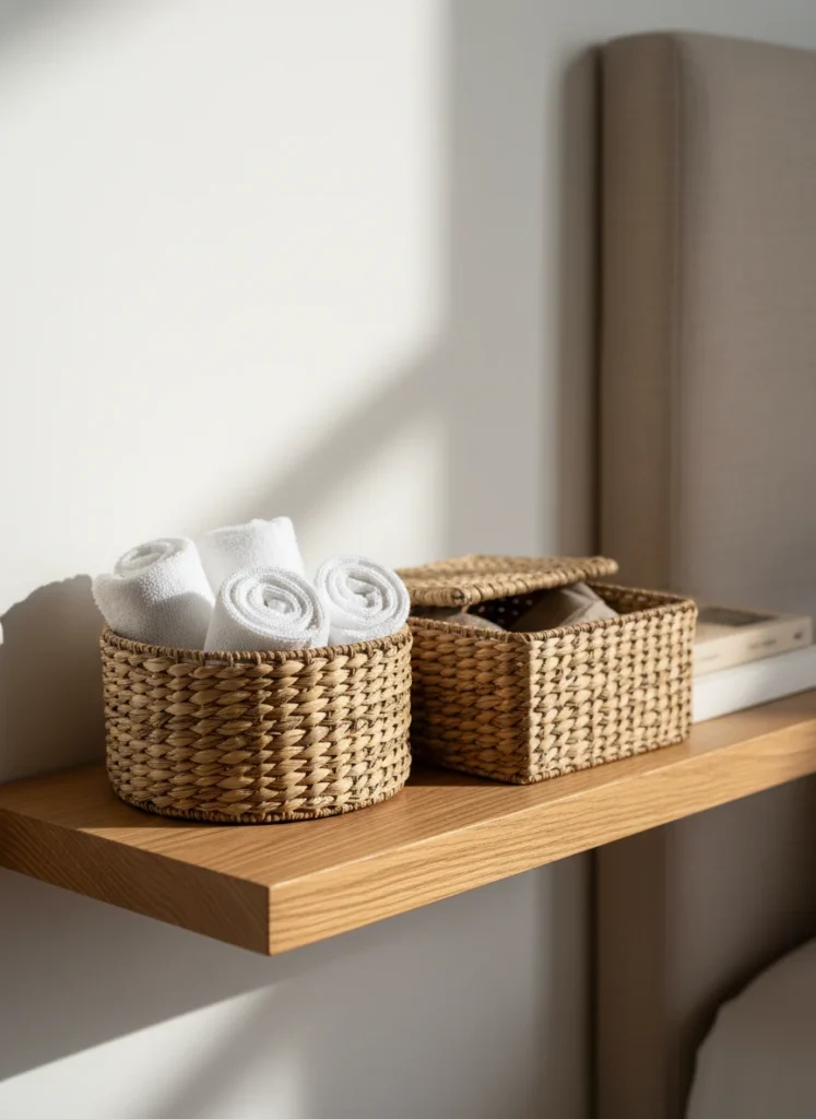 Two small wicker or seagrass baskets from Dollar Tree sitting on a bedroom shelf. One holds a few rolled washcloths or a small blanket. The other holds small objects hidden inside. Both baskets look like intentional natural-material storage, not budget store items. Clean bedroom shelf styling with warm wood tones and neutral backdrop. Editorial interior photography.