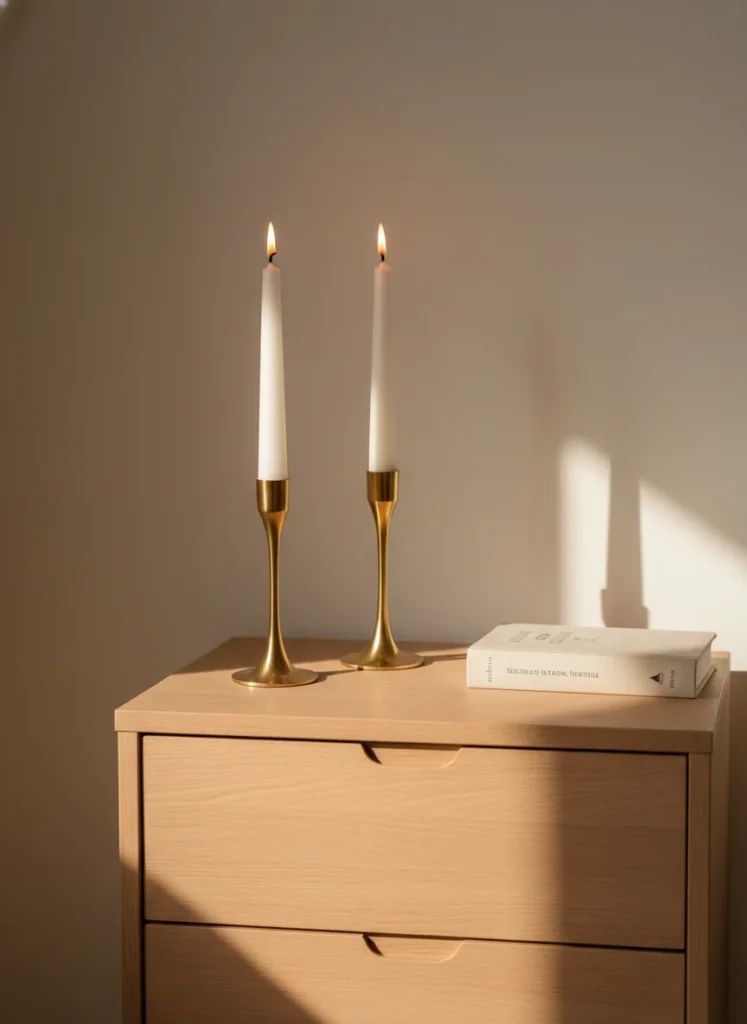 A small bedroom dresser styled with two white taper candles in simple gold candle holders from Dollar Tree. The candles are unlit, tall, and clean white. The combination of tall white tapers and metallic holders against a neutral wall reads as elegant and European-inspired. A small book is stacked beside them. Warm lamp light. Editorial interior photography, dresser styling detail.