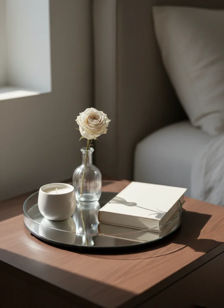 A bedroom nightstand top styled using a small mirrored tray from Dollar Tree as the base. On the tray: a small candle, a tiny glass vase with a single dried flower, and a thin book. The mirror tray reflects the light and makes the nightstand surface look styled and intentional. Everything on the nightstand is sitting on or inside the tray, creating order from what might otherwise look like clutter. Editorial interior photography.