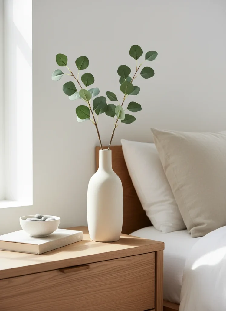  A tall simple glass or ceramic vase on a bedroom shelf or dresser holding several stems of faux eucalyptus. The eucalyptus is realistic enough to read as real from a distance. The vase and stems occupy the corner of a styled shelf with one or two other objects. The greenery adds organic life to the room without the maintenance of real plants. Clean, natural, editorial interior photography.