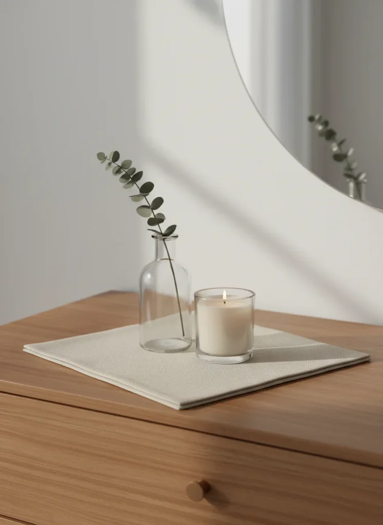 A bedroom dresser top with a small folded cloth napkin from Dollar Tree used as a surface liner under a vase and candle grouping. The napkin is a neutral cream or white linen-look fabric, neatly folded and placed under the objects as a textile base. It adds softness and texture to the surface and looks like an intentional styling choice rather than a functional item. Editorial interior photography.
