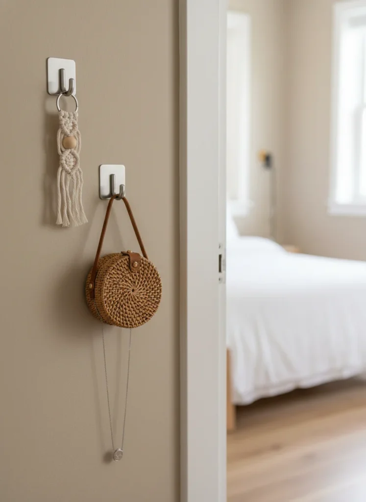 A small bedroom wall near the door with three Dollar Tree adhesive hooks mounted in a vertical line, each holding a deliberately styled object: a macrame keychain, a small woven bag, a delicate necklace. The hooks are simple brushed silver or white. The combination reads as a curated display wall rather than a purely functional hook system. Editorial interior photography, wall detail shot.