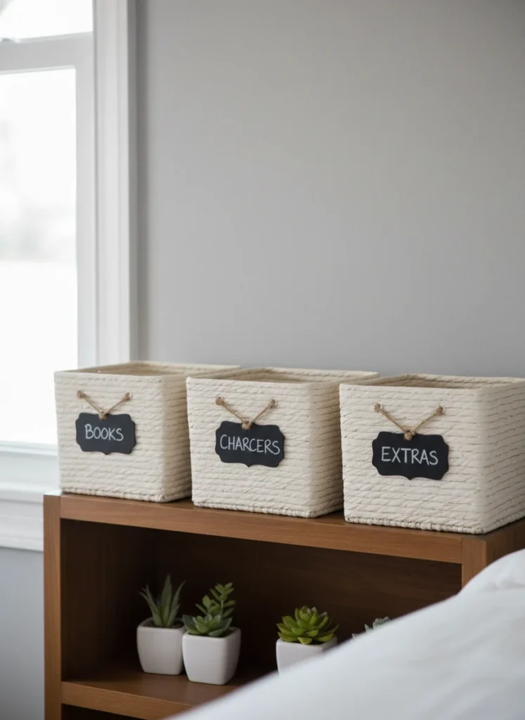  A small bedroom shelf with several identical white or natural baskets, each with a small chalkboard label tag tied on with twine. The labels read things like 'books', 'chargers', 'extras' in neat handwriting. The labeling makes the storage system look curated and organized rather than just baskets stuffed with things. Editorial interior photography, shelf styling close-up.
