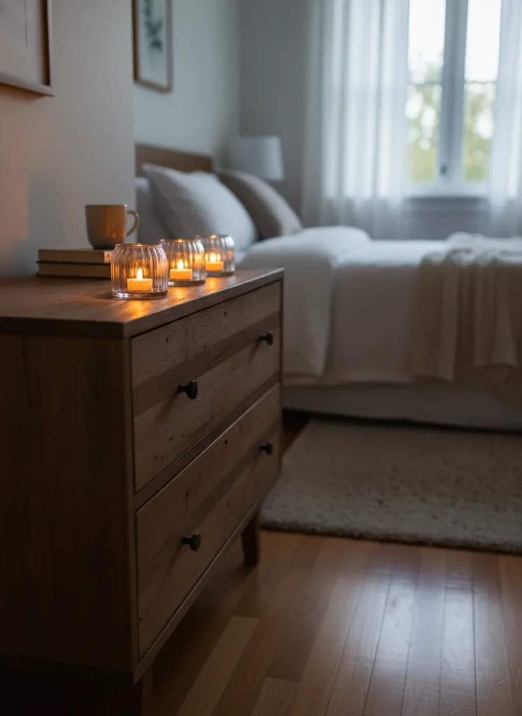 A small bedroom dresser at evening time with three glass holders containing flickering battery-operated LED tealights from Dollar Tree. The warm amber flicker light creates a genuinely candlelit atmosphere in the room. The glass holders diffuse the light beautifully. The overall effect looks like real candlelight but with no fire risk. Cozy, romantic, editorial interior photography.
