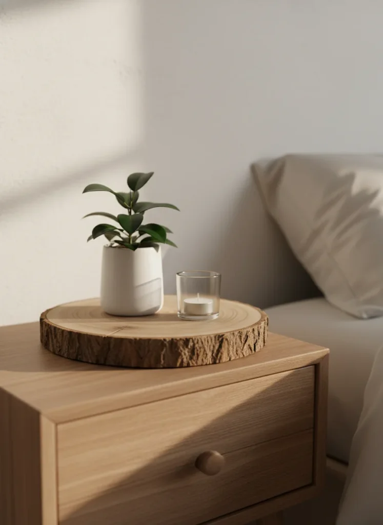 A small bedroom nightstand with a natural round wood slice used as a small tray or riser. On the wood slice sits a small plant in a white ceramic pot and a single tealight candle holder. The natural wood grain reads as intentional organic styling. The round shape gives the nightstand vignette a defined center point. Warm natural light. Editorial interior photography, nightstand detail.