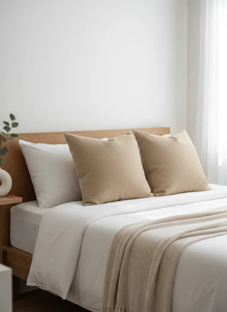 A small bedroom bed with two simple solid-color throw pillow covers from Dollar Tree in a neutral warm tone, stuffed with firm pillow inserts purchased separately. The pillows are on the bed in front of the sleeping pillows and look plump, full, and styled. The solid color reads as intentional and clean. The bed looks finished and decorated. Editorial interior photography, full bed shot.