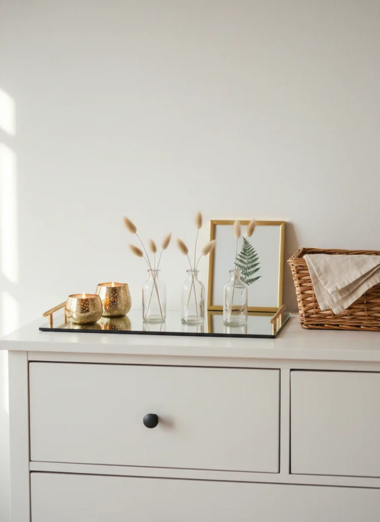 A complete styled bedroom dresser using only Dollar Tree finds plus a few Amazon basics: mirrored tray, three glass bud vases with dried stems, two gold-painted candle holders with battery tealights, a small framed botanical print, a small wicker basket with a cloth napkin draped inside. Everything on the surface is cohesive, calm, and warm in tone. The whole surface looks like a deliberately designed vignette. Editorial interior photography.