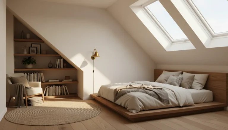 A beautiful small attic bedroom with a dramatic slanted ceiling. A low platform bed is tucked under the lower slope with the head against the highest wall. Warm white walls follow the ceiling angle. Built-in shelves are fitted under the eaves on one side. Warm sconce lighting on the angled wall beside the bed. Cozy, intentional, and charming rather than awkward. Editorial interior photography, natural afternoon light.