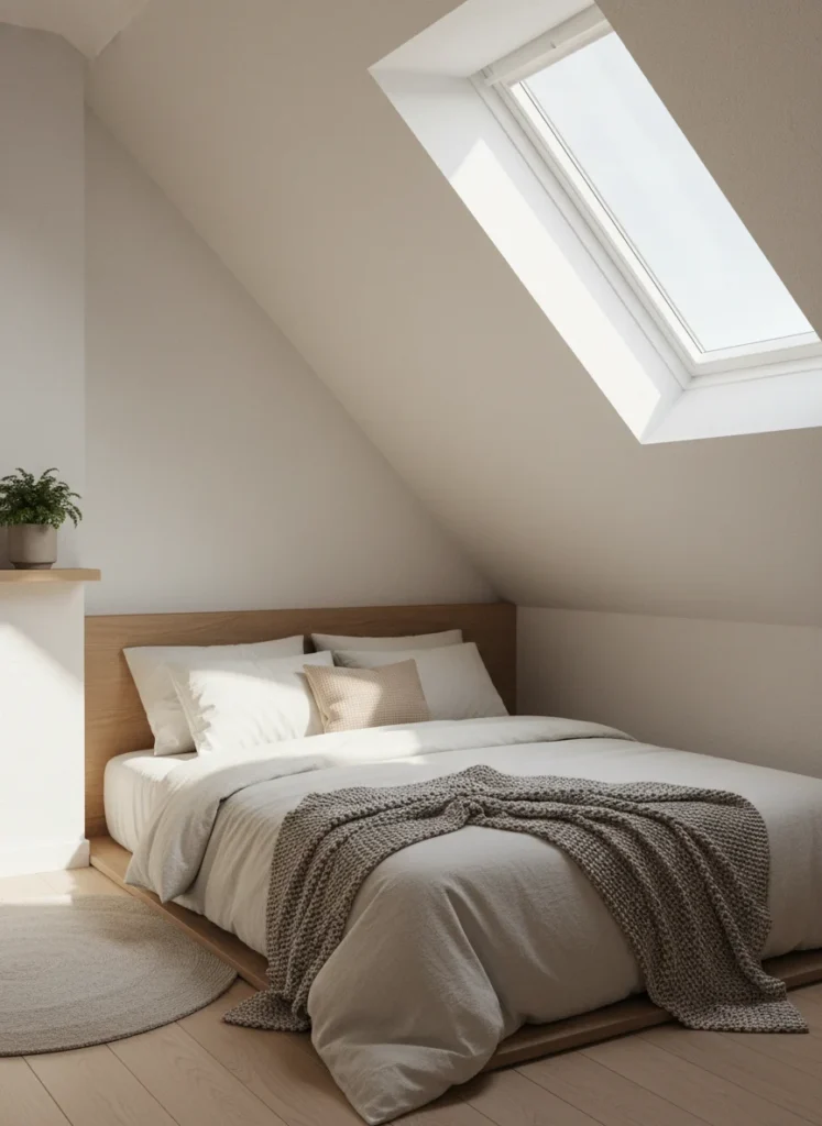 A small bedroom with a slanted ceiling where a low platform bed is tucked directly under the lowest part of the slope. The head of the bed is against the flat end wall where the ceiling is highest. The slope angles down over the foot of the bed and the lower portion of the mattress. Warm white bedding, cozy and intimate. The slope creates a natural canopy effect over the sleeping area. Editorial interior photography.