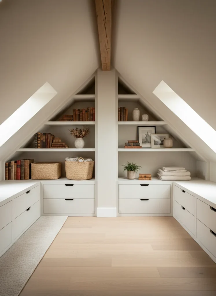 A small attic bedroom showing the space under the lowest eaves on both sides of the room fitted with low built-in drawers and open shelving following the angle of the slope exactly. The shelves hold books, baskets, and small decor items. The drawers handle clothing storage. The floor area in front is clear. The storage looks custom and intentional. Editorial interior photography, wide shot.