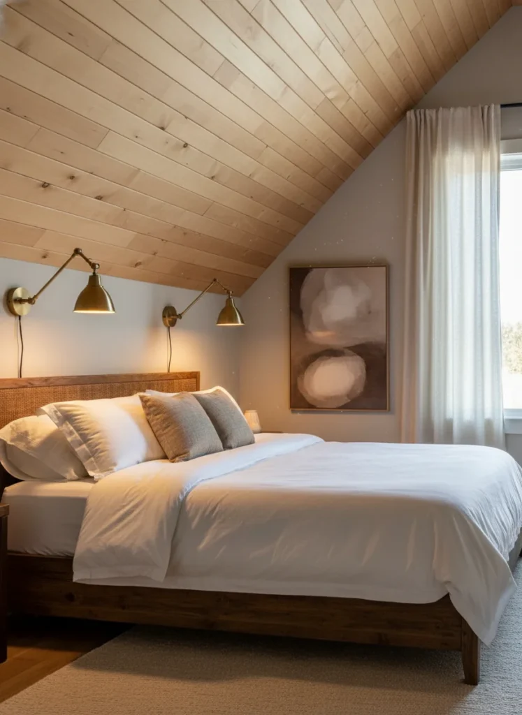 A slanted ceiling bedroom with two plug-in wall sconces mounted directly on the angled slope wall on either side of the bed. The sconces have simple swing-arm or adjustable heads that direct warm amber light downward onto the bed. No floor lamps or table lamps visible. The lighting is atmospheric and space-efficient. Warm evening atmosphere. Editorial interior photography.