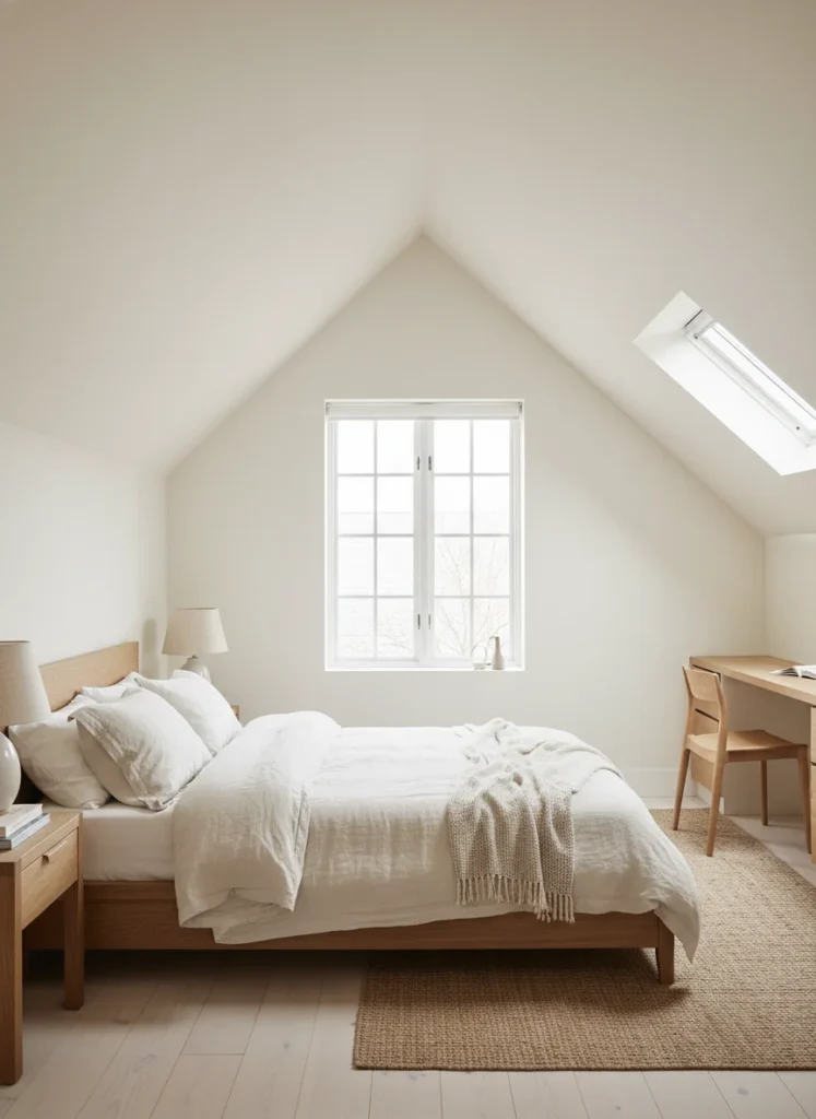 A small attic bedroom with slanted ceiling where both the walls and the entire angled ceiling are painted exactly the same warm white color. There is no visible line between where the wall ends and the ceiling begins. The room feels seamlessly enclosed rather than chopped up. Natural oak furniture and linen bedding stand out against the continuous warm white. Editorial interior photography, natural light.