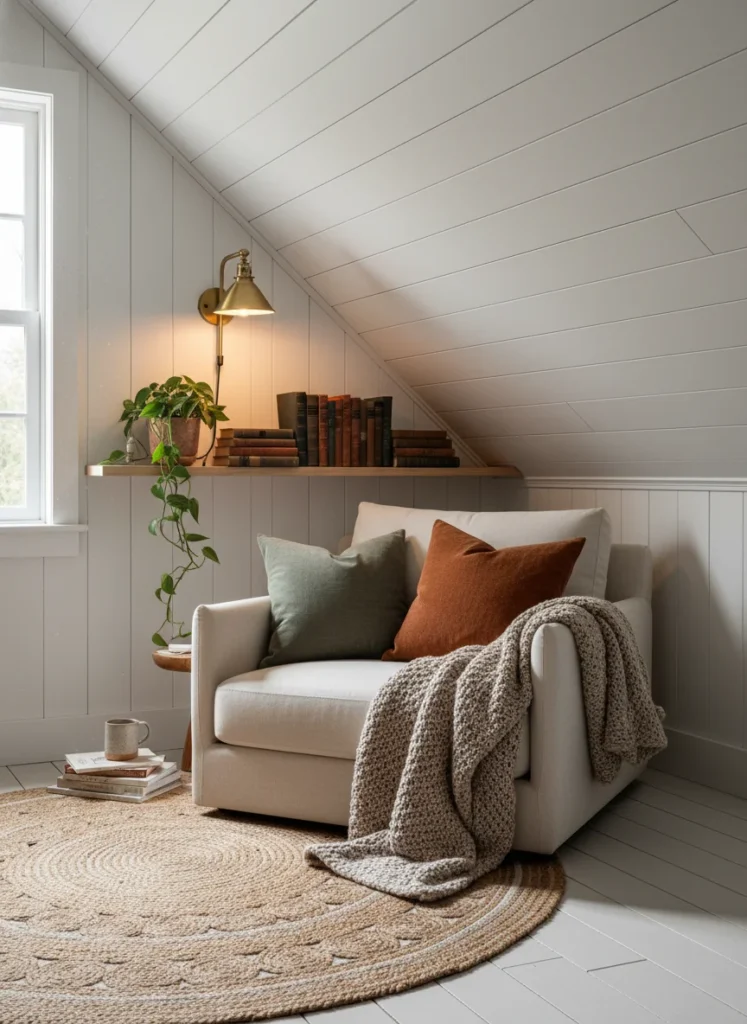 A cozy reading nook built into the deepest, lowest corner of a slanted ceiling attic bedroom. A small upholstered chair or floor cushion with a low backrest fits perfectly under the slope. A small wall-mounted shelf above holds books and a small plant. A wall sconce provides warm reading light on the angled ceiling. A small area rug defines the nook. Intimate, cozy, intentional. Editorial interior photography.