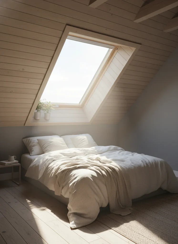 A small attic bedroom with a slanted ceiling featuring a rooflight or skylight window built directly into the slope above the bed. Natural daylight pours in at an angle, illuminating the linen bedding and filling the room with light that would be impossible to achieve with a standard wall window. The skylight makes the angled ceiling feel like a feature rather than a constraint. Editorial interior photography, morning light.