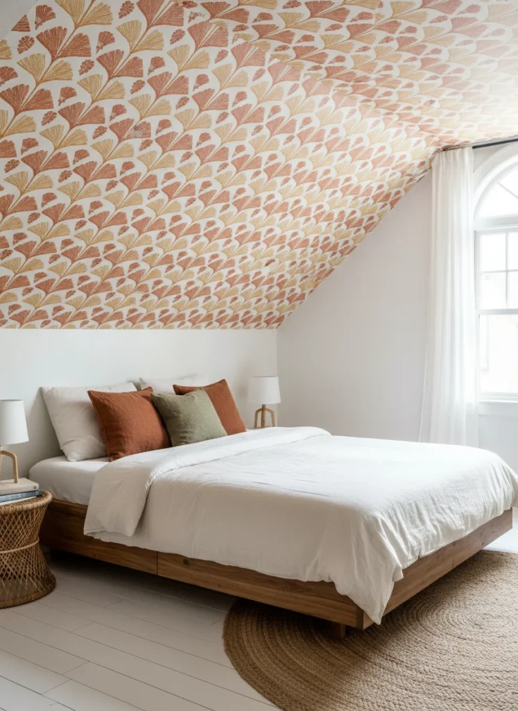  small attic bedroom where the entire slanted ceiling surface has been treated as a statement accent wall with peel-and-stick wallpaper in a subtle botanical or geometric pattern in warm tones. The flat walls remain plain white. The angled surface becomes a dramatic overhead focal point that draws the eye upward and makes the slope feel intentional and designed. Editorial interior photography.