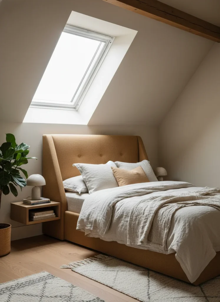 A small attic bedroom where the bed is placed against the slanted wall and the headboard is a custom or DIY wedge-shaped upholstered panel that follows the exact angle of the ceiling slope. The headboard fits flush against the slanted surface with no gap. Linen upholstery in warm oat tone. The headboard makes the bed look fitted and intentional rather than awkwardly placed against the slope. Editorial interior photography.