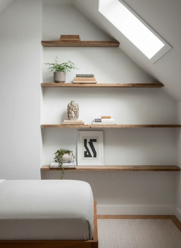 A small attic bedroom showing the tall vertical wall at the highest point of the room fitted with two or three floating wood shelves arranged at different heights. The shelves hold books, a small plant, a ceramic object, and a framed print leaning against the wall. The full ceiling height at this end makes the shelving feel generous and tall despite being in a compact room. Editorial interior photography, natural light.