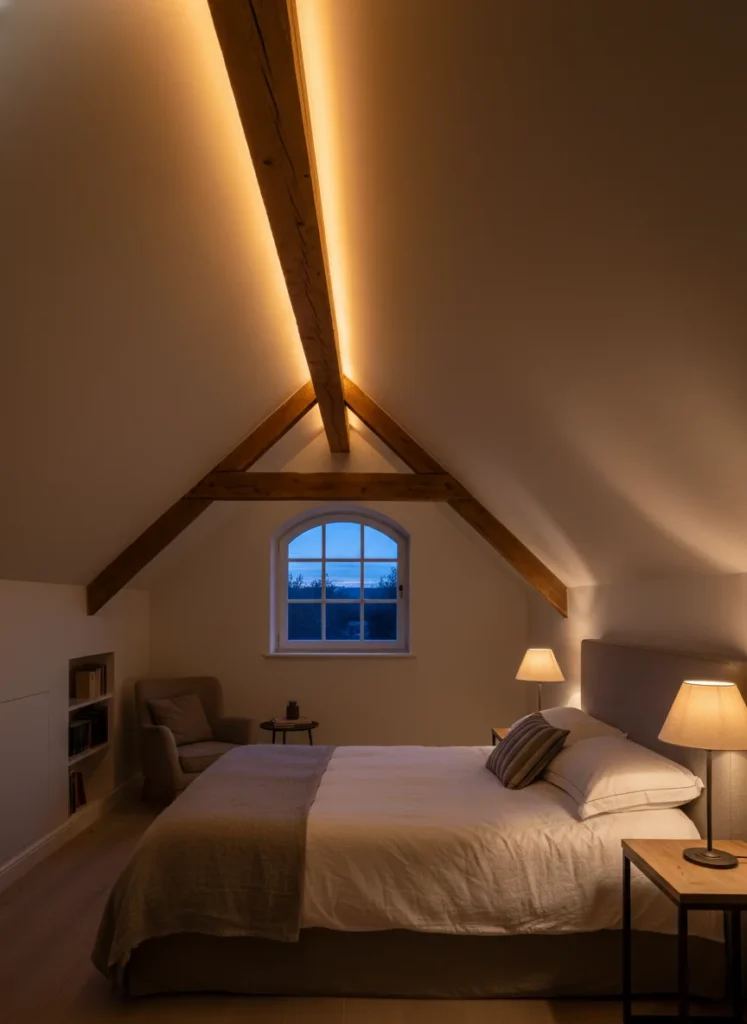 A small attic bedroom at evening with warm LED strip lights tucked into the junction where the slanted ceiling meets the flat wall, running the full length of the slope. The strips cast a warm amber indirect glow that washes up the slanted surface and makes the angle look dramatic and designed rather than awkward. The room is otherwise dimly lit by bedside lamps. Moody and atmospheric. Editorial interior photography.