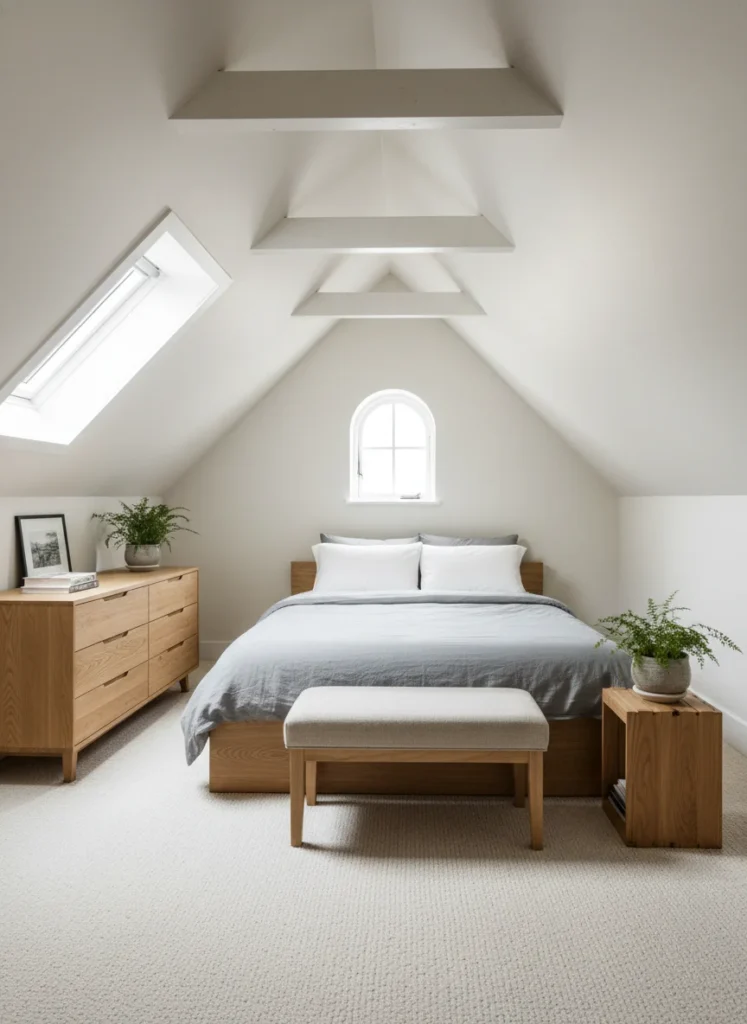 A small attic bedroom with a slanted ceiling where every piece of furniture is consistently low-profile: a low platform bed, a low dresser no taller than 36 inches, a bedside crate or low table, and a small low bench at the foot of the bed. The low furniture line creates a strong horizontal band of activity in the lower half of the room, making the ceiling space feel deliberately generous above. Editorial interior photography, natural light, clean and calm.