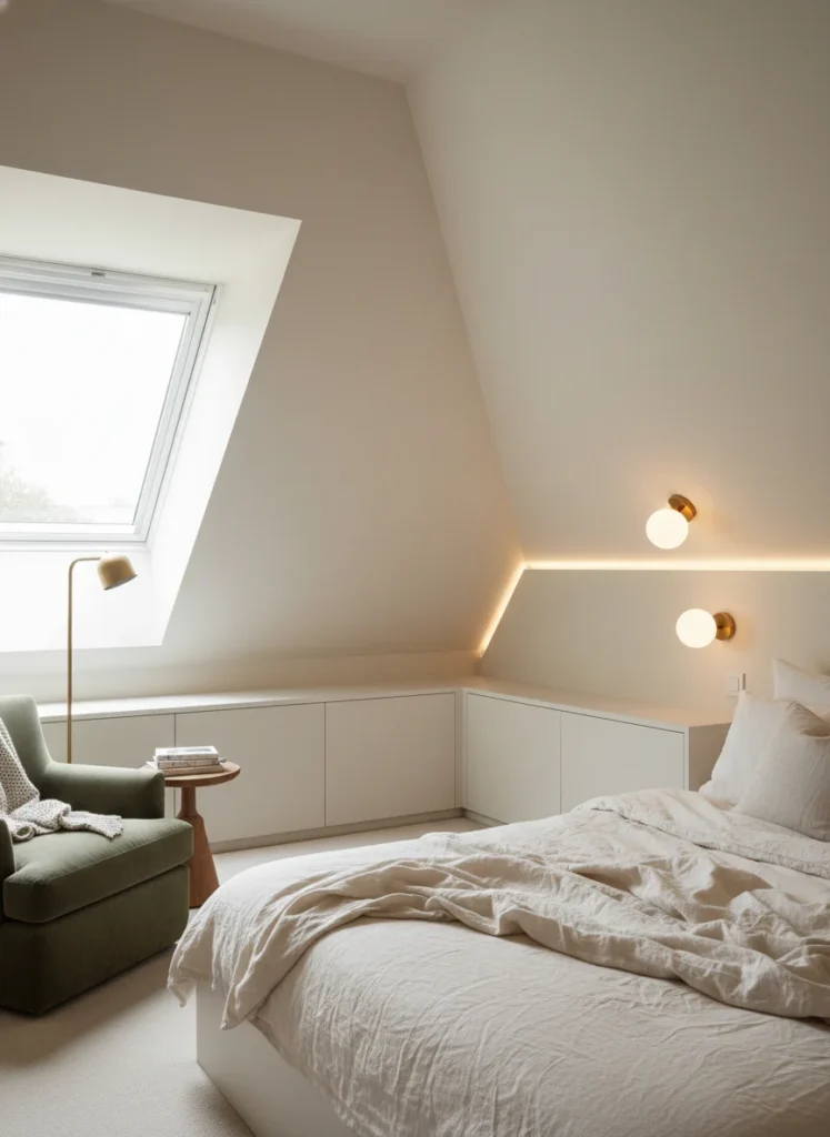 A beautifully finished small attic bedroom with slanted ceiling that feels completely intentional and designed. Low platform bed tucked under the slope with cozy linen bedding. Built-in eave storage on one side. Matching warm white paint on walls and ceiling. Warm sconce lighting on the slanted wall. A small reading nook in the corner. LED strips along the ceiling junction line glowing softly. The room feels like the best room in the house, not the awkward one. Editorial interior photography.