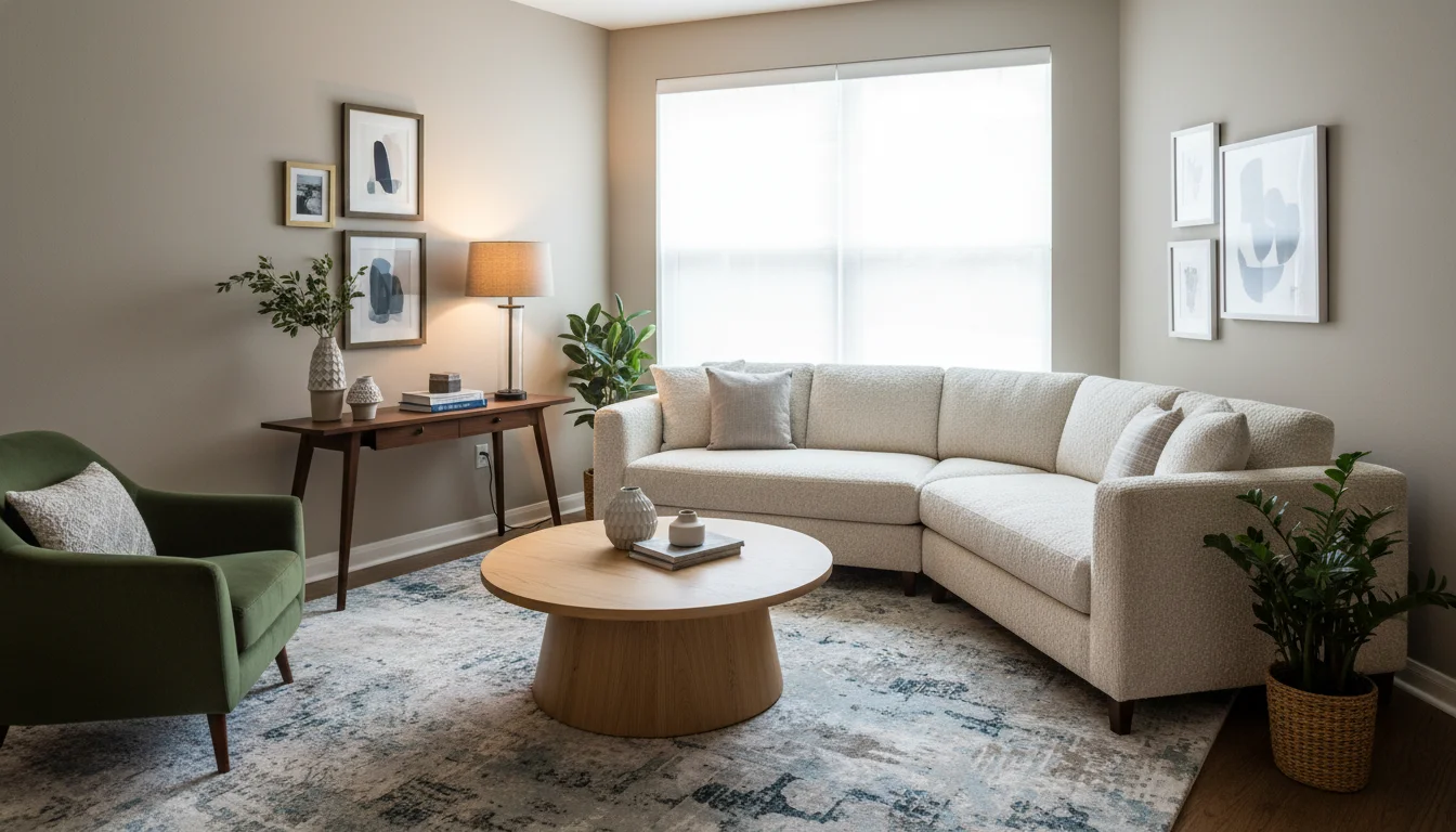 A small living room with an awkward L-shaped layout that has been arranged correctly by a designer: sofa pulled slightly away from the wall at a slight angle, a round coffee table in the center creating conversation flow, a large area rug defining the seating zone, a floor lamp in the corner providing ambient light, a narrow console table against the short wall making use of the difficult angle. Cozy, functional, intentional. Editorial interior photography, wide room shot.