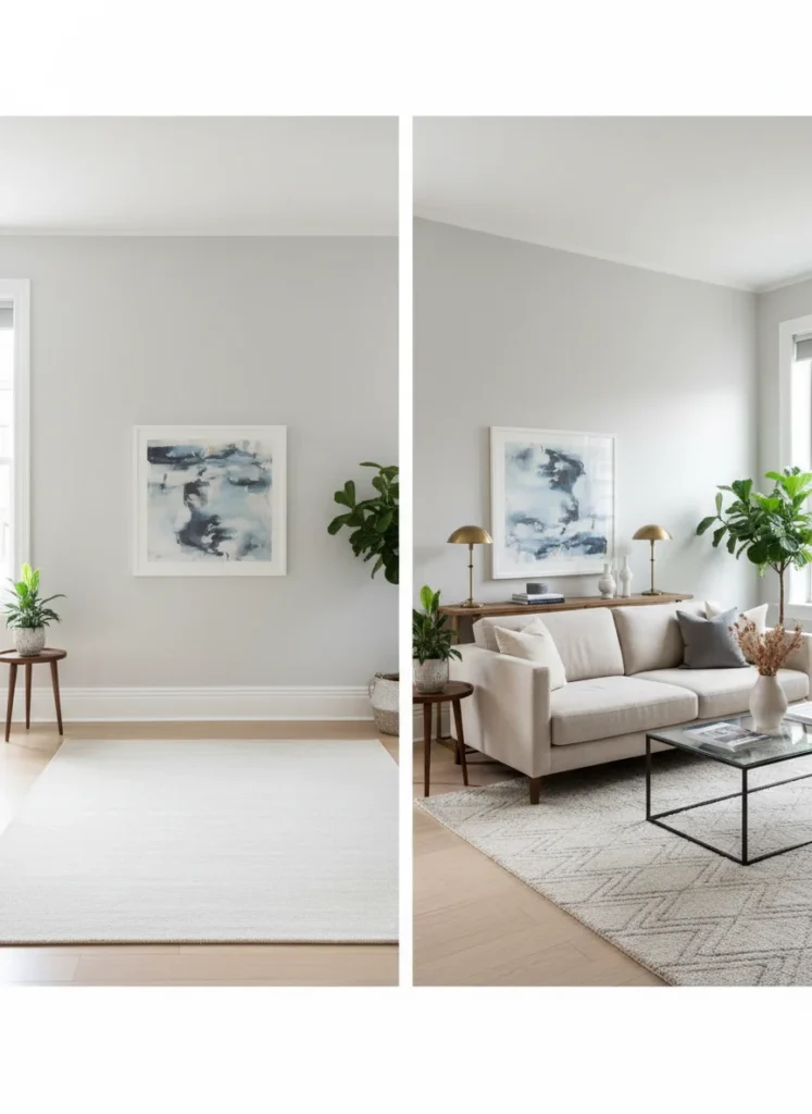 A small living room shown in two versions side by side: left shows sofa pushed flat against the wall with a large dead space in the center of the room, right shows the same sofa pulled 8 inches from the wall with a coffee table in front and a console table behind it, creating depth and circulation. The floated version looks significantly more intentional and spacious. Editorial interior photography.