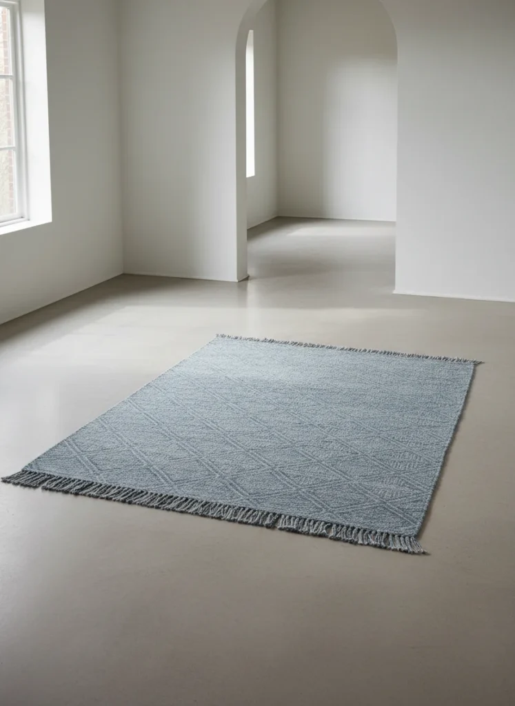 A small awkward living room floor shown with only the area rug placed, no furniture yet. The rug is clearly defining the shape and boundaries of the seating zone on an asymmetrical floor plan. The rug is correctly sized: front legs of imaginary furniture would sit on it, not the full sofa. The defined zone creates immediate visual order in the irregular space. Editorial interior photography.
