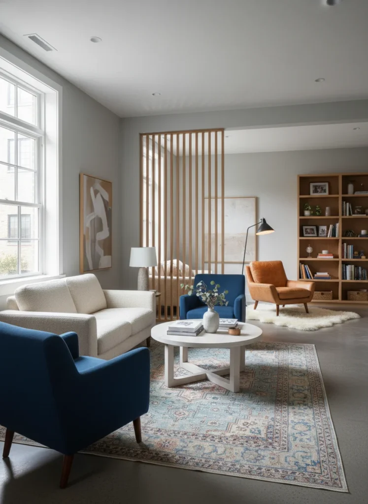 A long narrow living room arranged into two distinct zones: the first zone near the window has a loveseat and two accent chairs facing each other with a round coffee table between them, anchored by a rug. The second zone toward the back has a reading chair and floor lamp with a small bookshelf. The two zones make the long room feel like two purposeful spaces rather than one stretched corridor. Editorial interior photography.