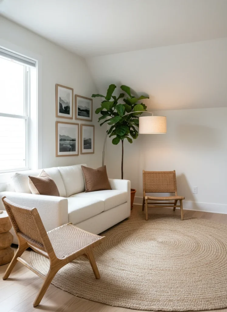 A small living room with an awkward diagonal corner or angled wall. The furniture is placed parallel to the main straight walls rather than the angled wall, creating a visually grounded layout. The awkward diagonal corner behind is addressed with a tall plant and a floor lamp, making it feel like an intentional alcove rather than a problem area. The room looks resolved. Editorial interior photography.