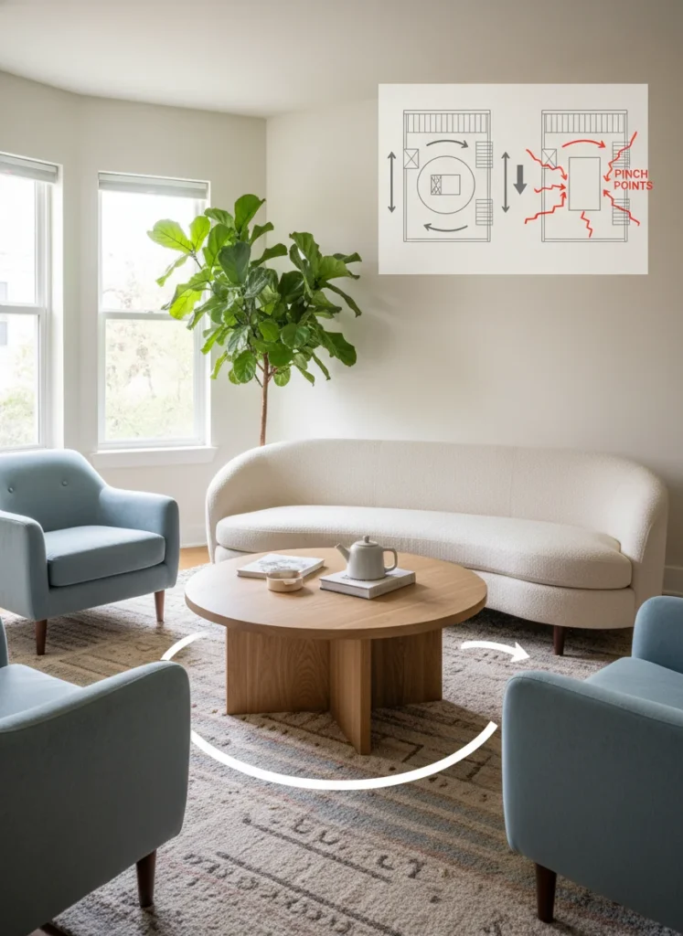 A small awkward living room with a round coffee table in the center of the seating arrangement. People can clearly walk around all sides of the round table without navigating corners. Circulation flows naturally. Compared to a sketch showing a rectangular table in the same space where the corners create pinch points in the walkway. Editorial interior photography with a simple diagram inset.