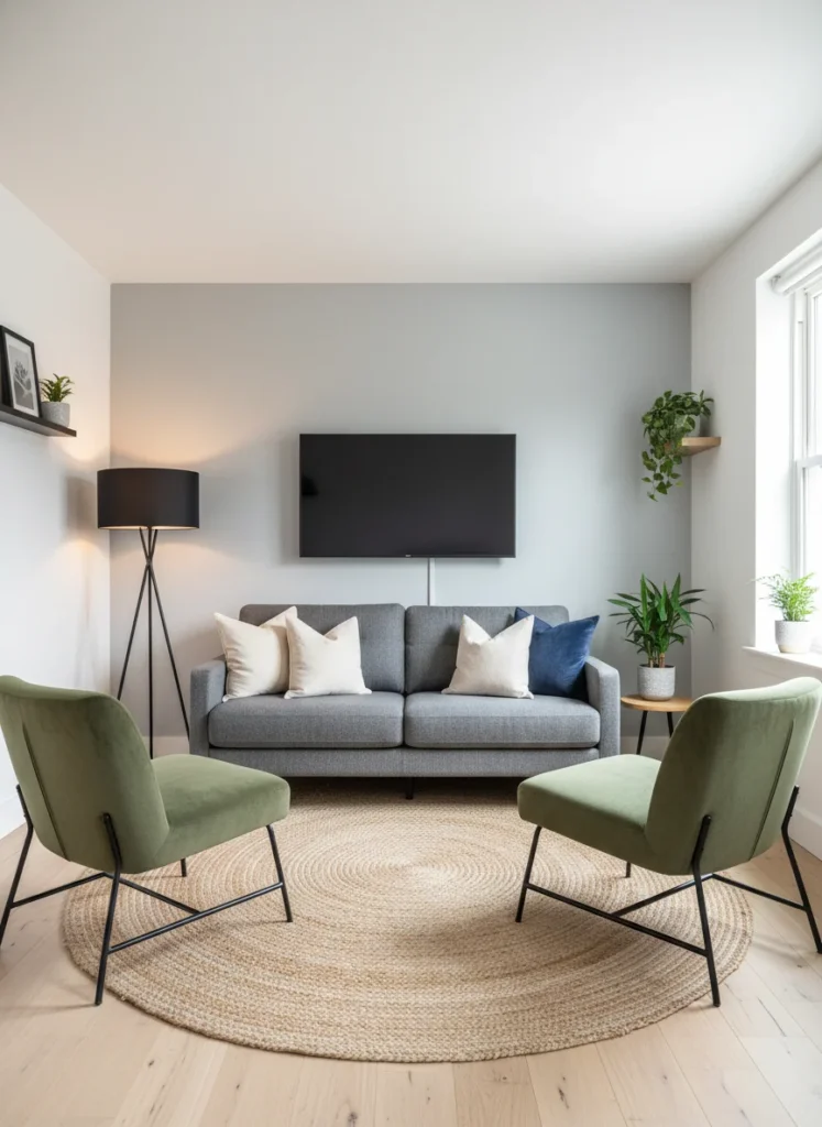 A small living room with an obvious focal point, a wall-mounted TV on the main wall, and all seating clearly oriented to face it at comfortable viewing distances. The sofa is centered on the TV, the two accent chairs are angled slightly inward to face both the TV and each other. The layout reads as resolved and intentional. A floor lamp beside the sofa. Clean and functional. Editorial interior photography.