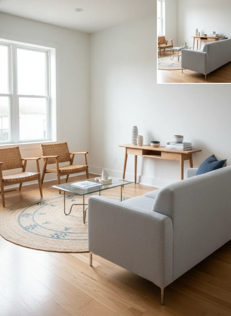  A small living room where every piece of furniture, the sofa, the accent chairs, the console table, has visible legs showing at least 4 to 6 inches of clear floor underneath. The visible floor underneath each piece creates the perception of more floor space than actually exists. Compared to a skirted sofa in the same room where the floor disappears beneath the furniture. Editorial interior photography.