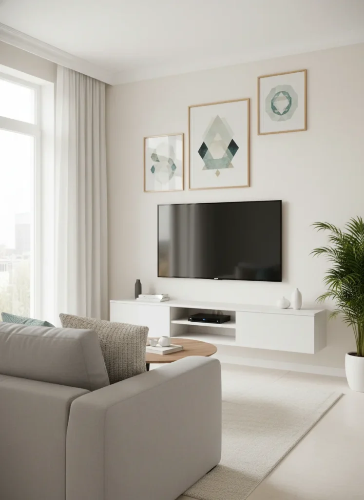  A small living room with a wall-mounted flat-screen TV on the main wall with a slim floating TV console below it that holds components. The wall space beside and above the TV is used for a few framed pieces of art. Compared to the same room with a large freestanding entertainment center taking up the entire wall and visually dominating the room. Editorial interior photography.