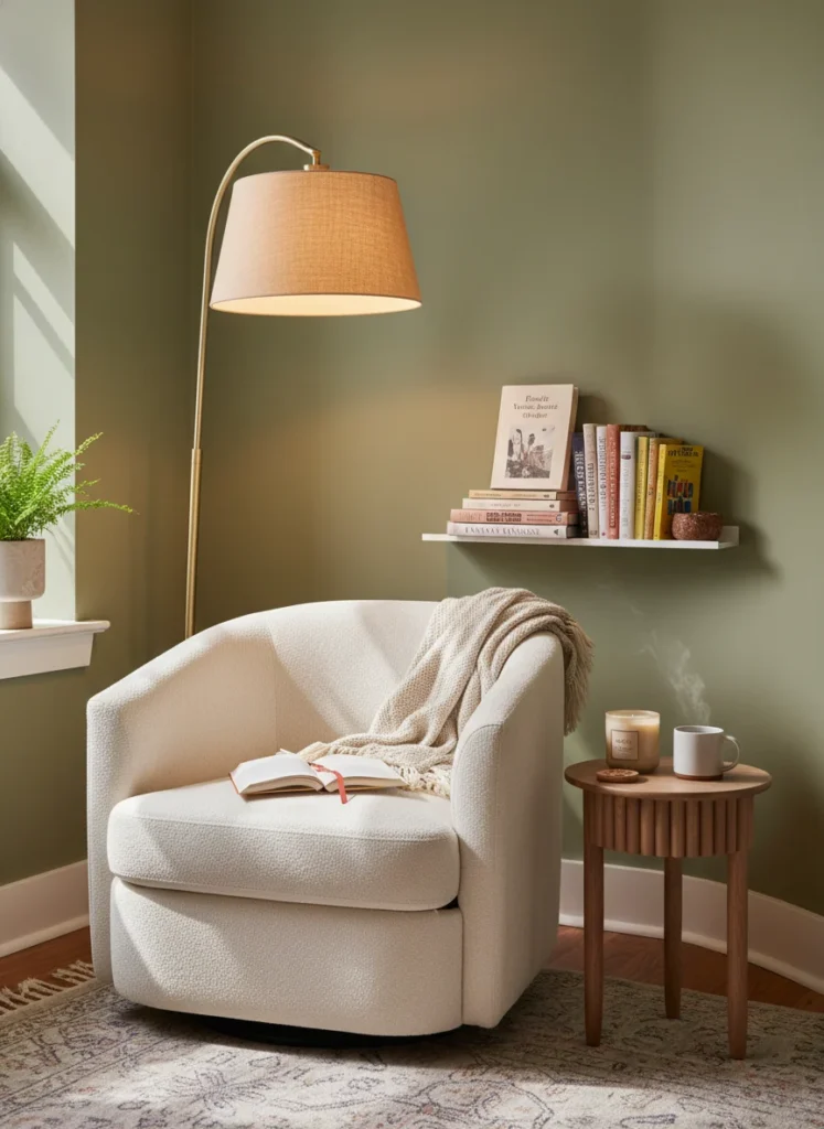 A difficult corner in a small living room that has been transformed into a reading nook: a rounded accent chair positioned in the corner at an angle, a floor lamp behind the chair, a small round side table beside it with a book and a candle, a wall-mounted small shelf above for more books. The corner reads as the best seat in the room. Warm, purposeful, designed. Editorial interior photography.