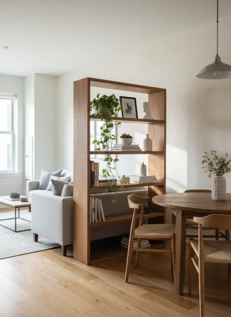 A small open-plan studio or apartment space where an open-backed bookshelf, approximately 60 inches tall and 36 inches wide, is positioned perpendicular to the wall to separate the living room area from the entry or dining area. The shelf is styled with books, plants, and a few objects. Light passes through it on both sides. The room is defined without being closed off. Editorial interior photography.