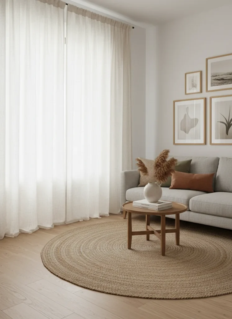  A small living room with a bare wall that has no window. Floor-to-ceiling linen curtain panels have been hung on this wall from a rod near the ceiling, creating the impression of a large window behind them. The room feels taller and softer. The curtains add warmth without taking any floor space. The opposite wall has the sofa and art. Editorial interior photography.